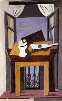 Pablo Picasso : still life on a table in front of an open window